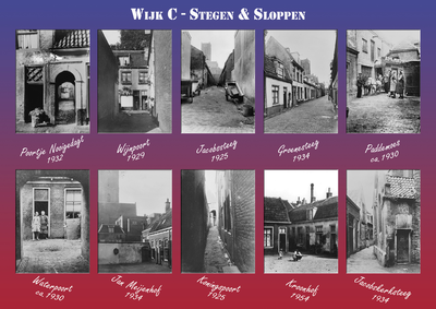 716529 Fotopaneel met foto's van stegen en sloppen in Wijk C, op de kleine tentoonstelling 'Stegen & Sloppen', in het ...